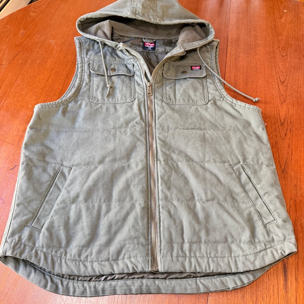 Wrangler Workwear Mens XL Olive Green Canvas Hooded Quilted Puffer Vest